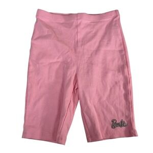 Forever 21 Barbie Pink Ribbed Biker Shorts Rhinestone Logo Size Small Womens